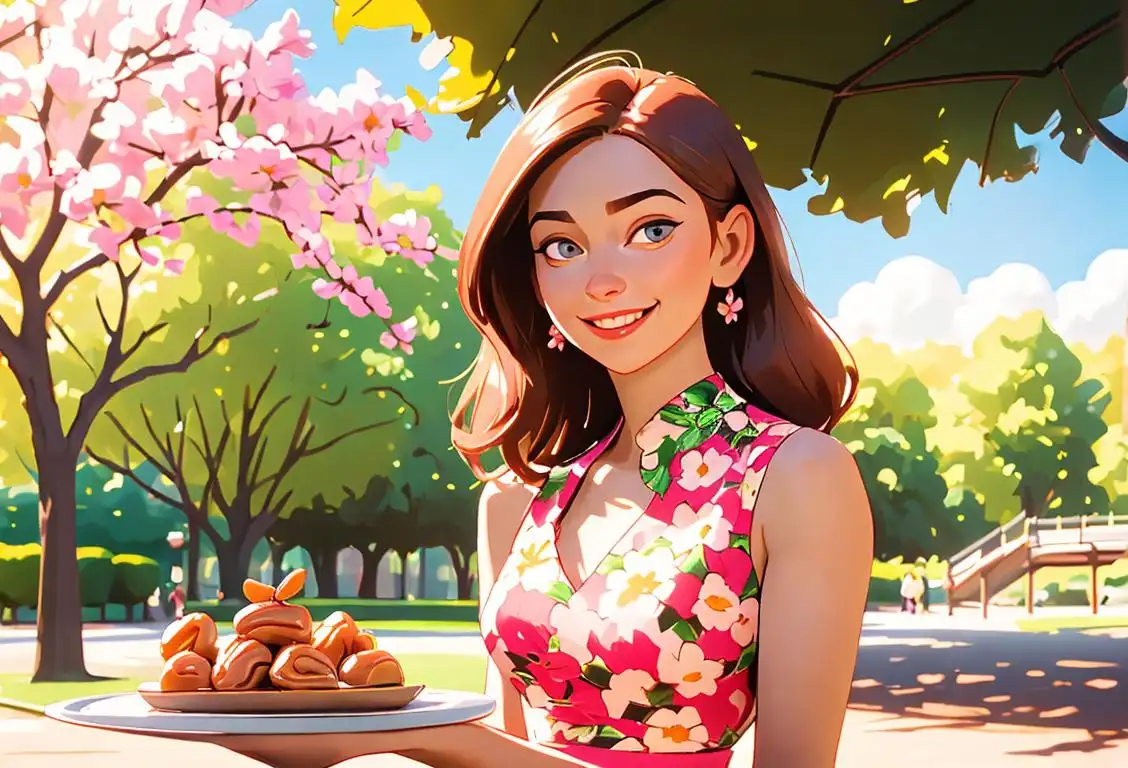 Young woman smiling, enjoying a praline treat, wearing a floral dress, sunny outdoor park setting..