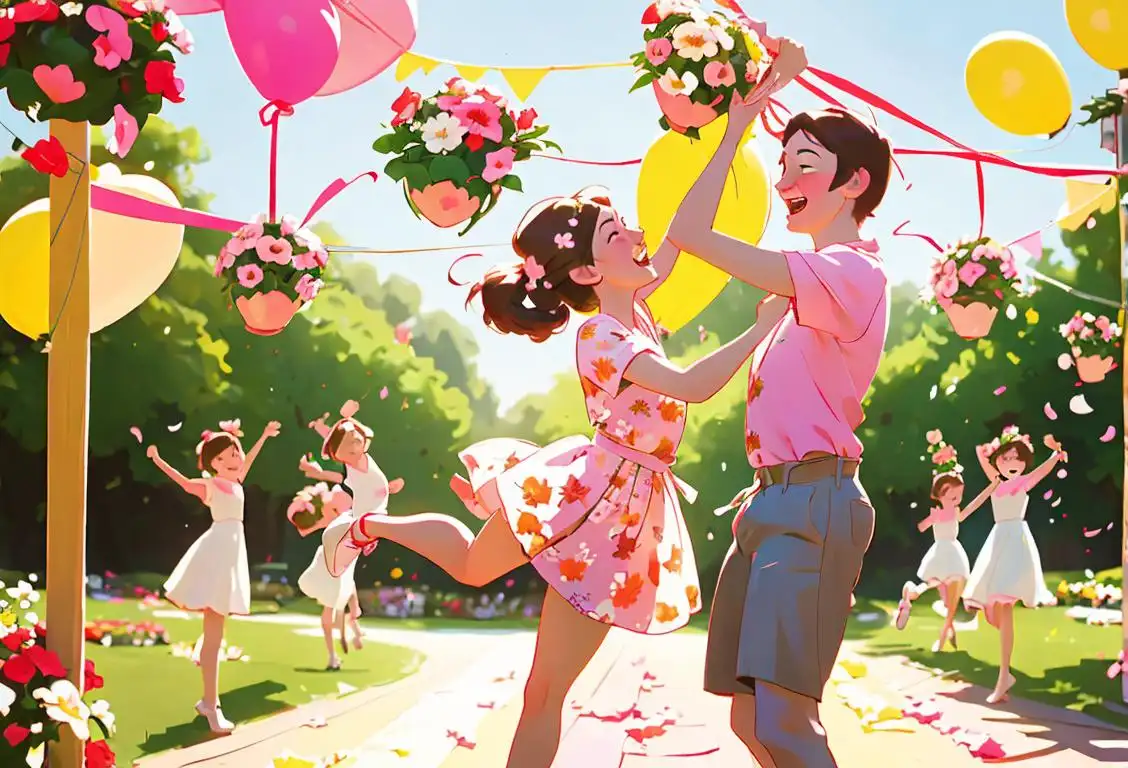 Cheerful people in floral attire, surrounded by blooming flowers, dancing around a maypole adorned with ribbons and garlands..