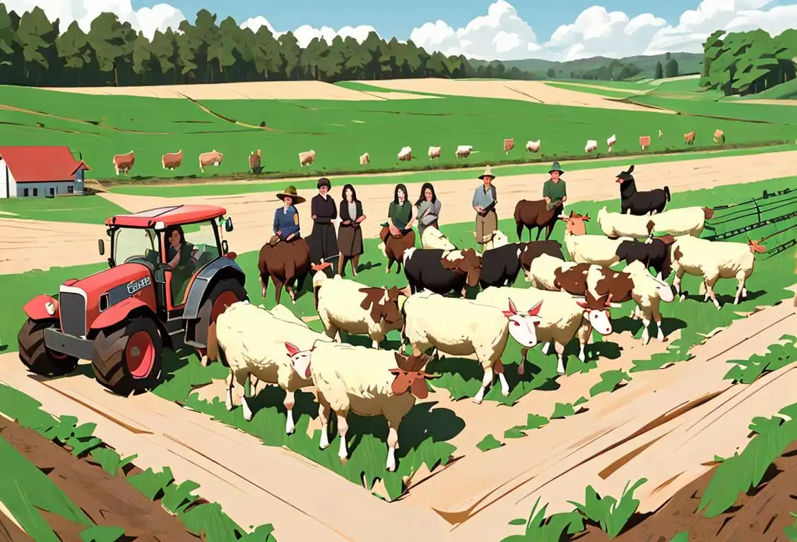 Group of diverse students in a virtual classroom, surrounded by agricultural props and wearing farm-themed outfits..