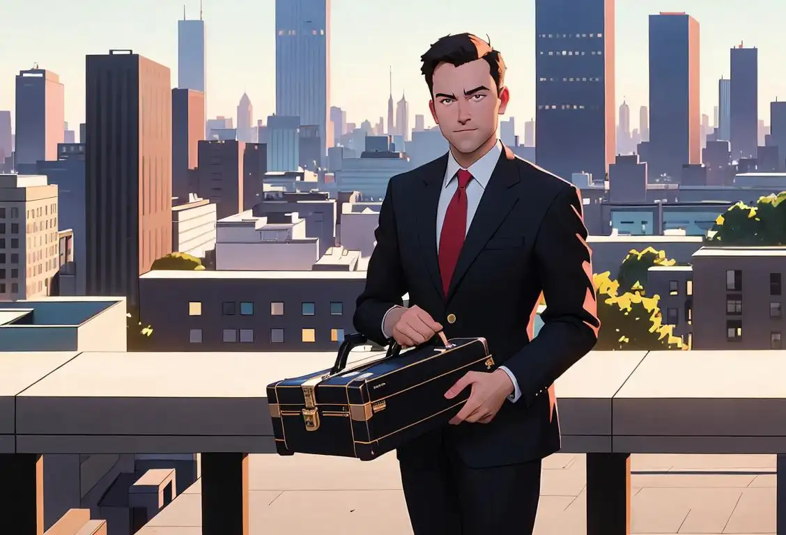A confident entrepreneur wearing a suit, holding a briefcase, with a city skyline in the background, surrounded by innovative technology..