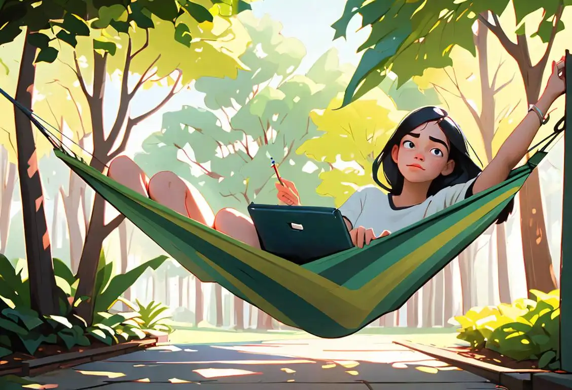 Young person chilling on a hammock, wearing casual attire, surrounded by nature. Lazy vibes for National idc Day!.