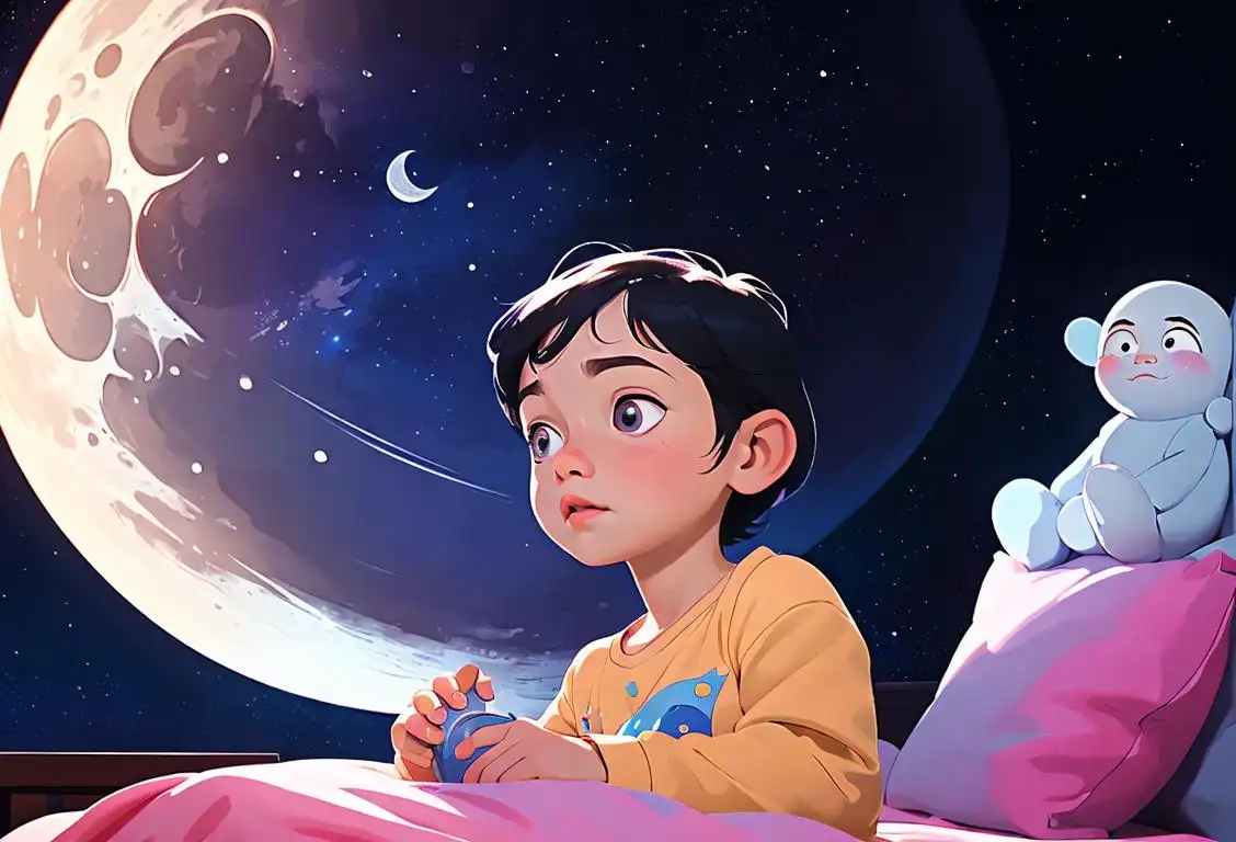 Young child gazing at the night sky in wonder, wearing a space-themed pajama, bedroom with moon and stars decorations..
