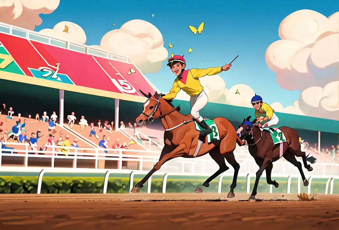 Joyful jockey wearing colorful silks, riding a spirited racehorse at a bustling racetrack, surrounded by cheering spectators and fluttering flags..