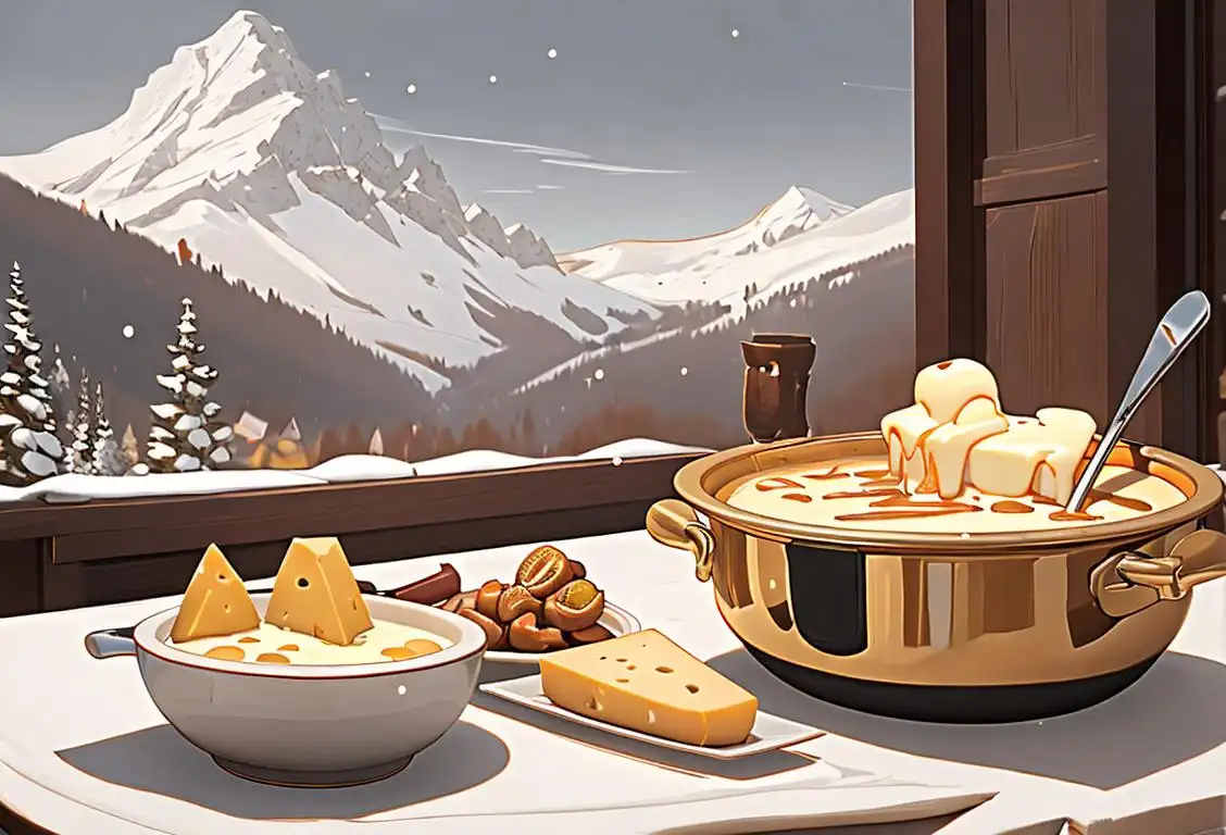 Elegant dining table set with a pot of warm cheese fondue surrounded by friends, dressed in cozy winter outfits, snowy mountain chalet landscape..