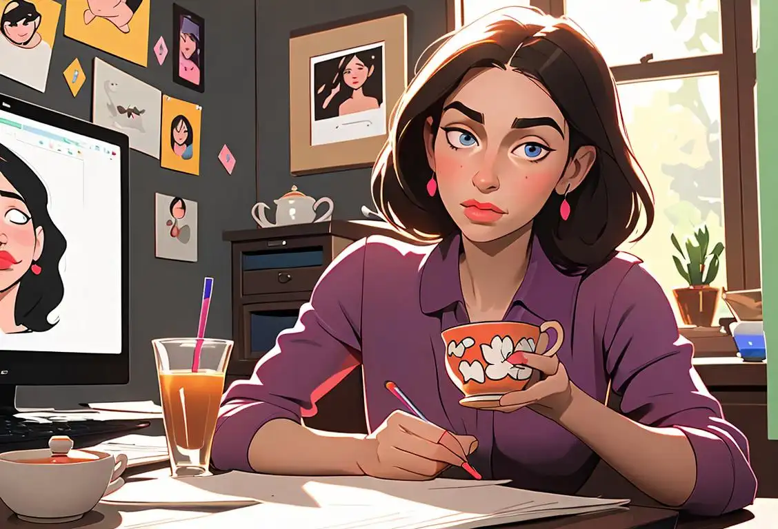Young woman sitting at a laptop with a vibrant Herpes Awareness ribbon sticker, casual attire, cozy home office setting with a warm cup of tea nearby..