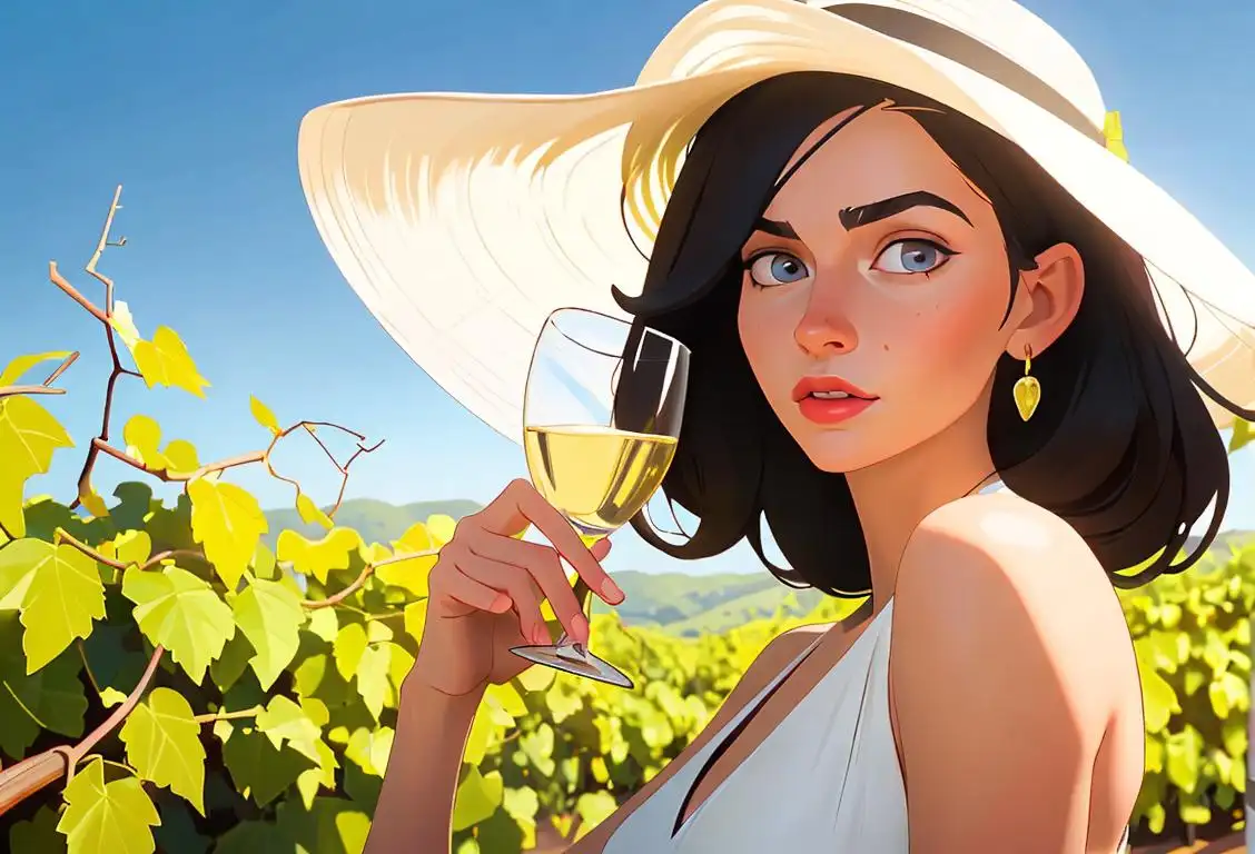 Young woman holding a glass of white wine, surrounded by lush vineyards and wearing a stylish sunhat..