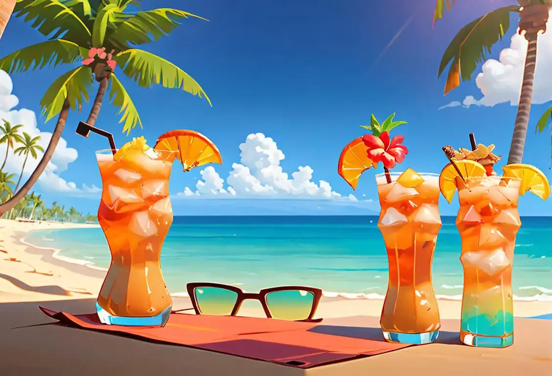 A couple sitting on a tropical beach, raising Mai Tai cocktails, wearing Hawaiian shirts and sunglasses, surrounded by palm trees and clear blue water..