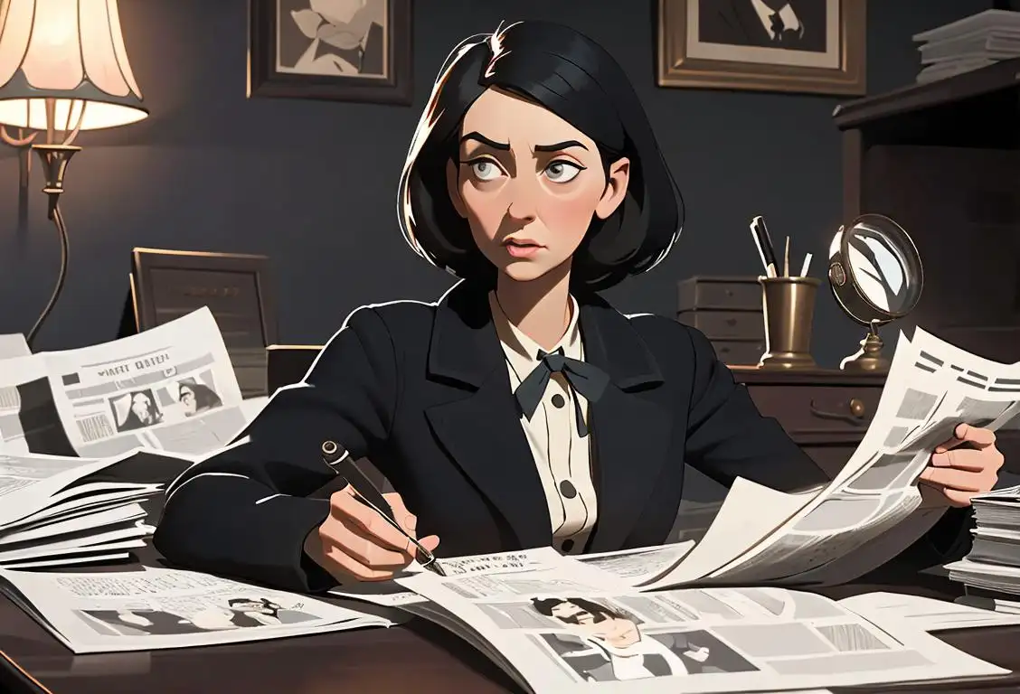 Young woman holding a magnifying glass in front of a room full of newspaper clippings, dressed old-fashioned, detective style clothing, dimly lit office setting..