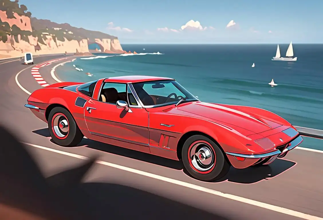 A close-up view of a sleek red Corvette, effortlessly blending into a scenic coastal backdrop, with the driver sporting stylish sunglasses..