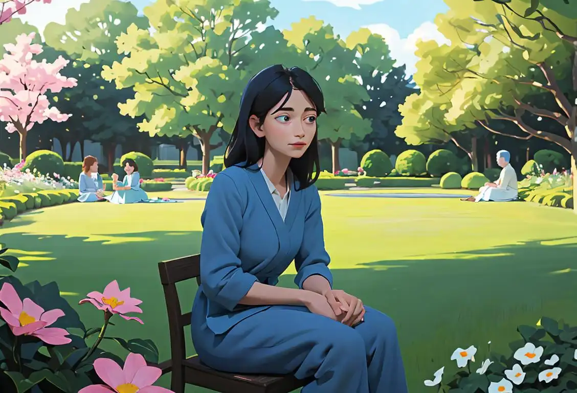 Person sitting in a peaceful garden, wearing a calming blue outfit, surrounded by supportive friends and family..