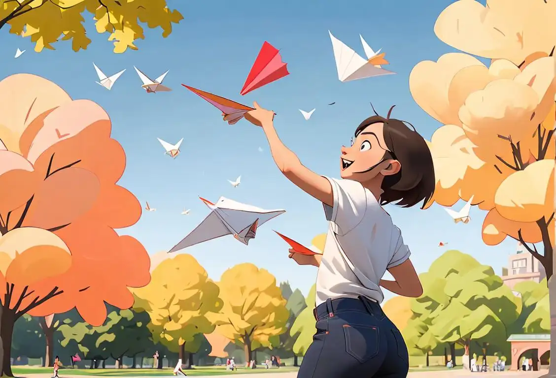 Fold and fly! A person in casual attire happily launching a paper airplane in a park..