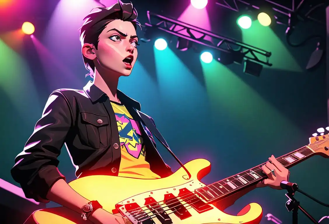 A person playing an electric guitar with passion, cool rockstar attire, colorful stage lights, and an enthusiastic crowd cheering on..