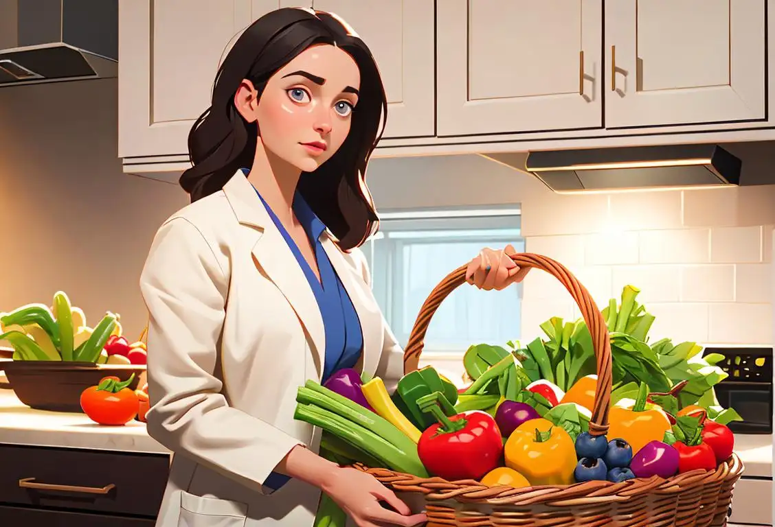 Young woman holding a basket of colorful fruits and vegetables, wearing a white lab coat, modern kitchen setting..