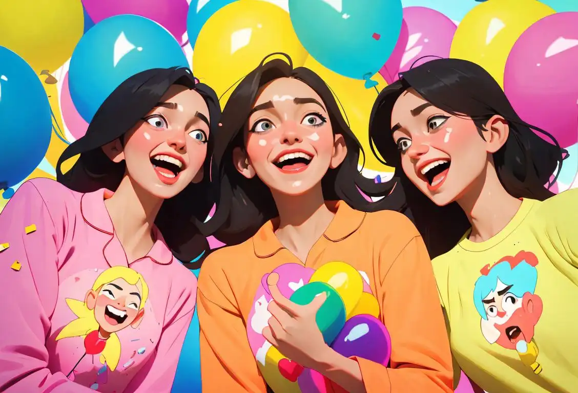 A diverse group of girlfriends laughing and cheering, wearing matching pajamas, surrounded by colorful balloons and confetti..