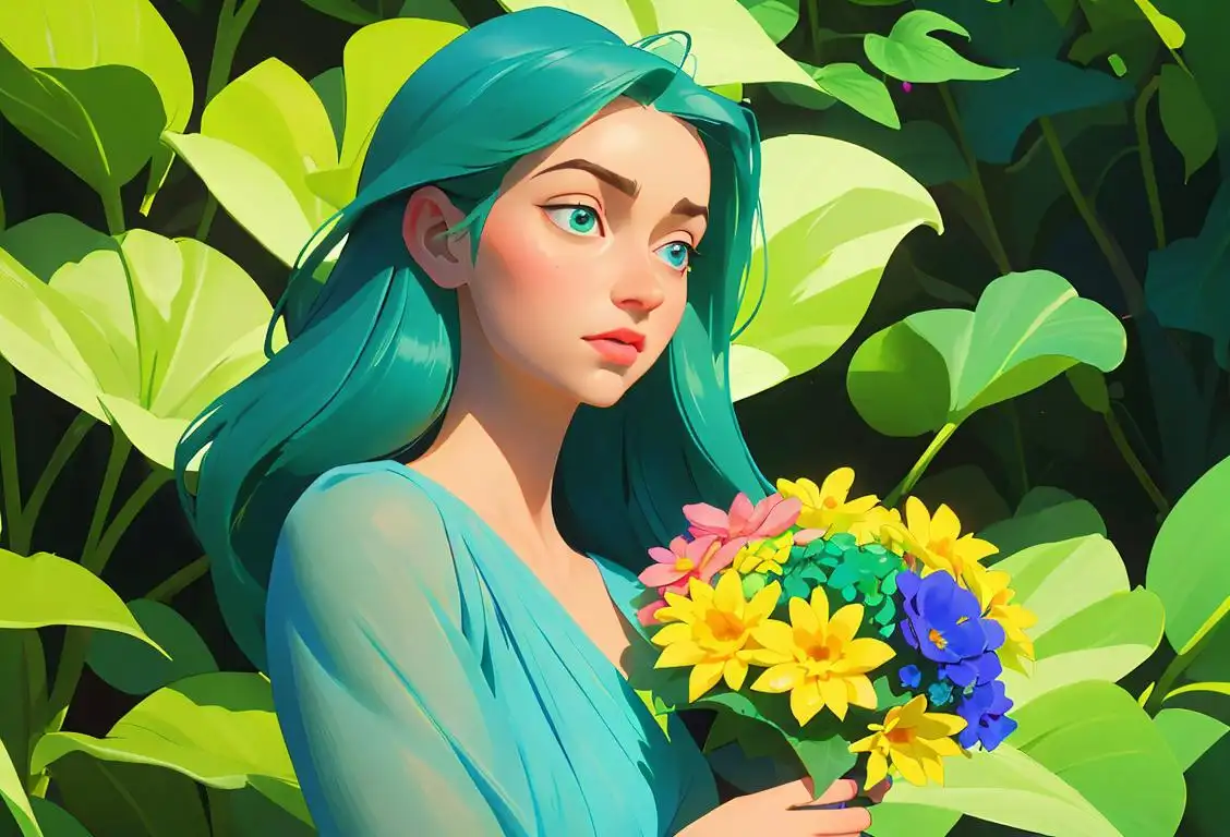 Young woman wearing a flowing blue-green dress, surrounded by lush nature, holding a bouquet of colorful flowers..