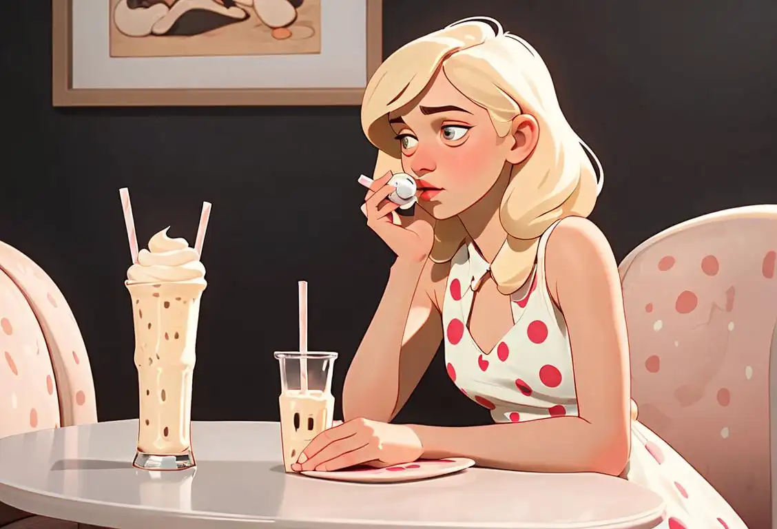 Young girl wearing a polka dot dress, sitting in a retro diner, happily sipping on a classic vanilla milkshake..