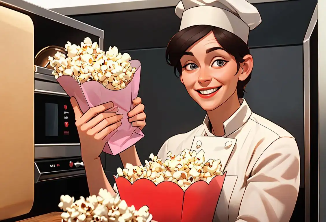 A smiling person wearing a chef's hat, holding a popcorn bag, surrounded by kitchen utensils..