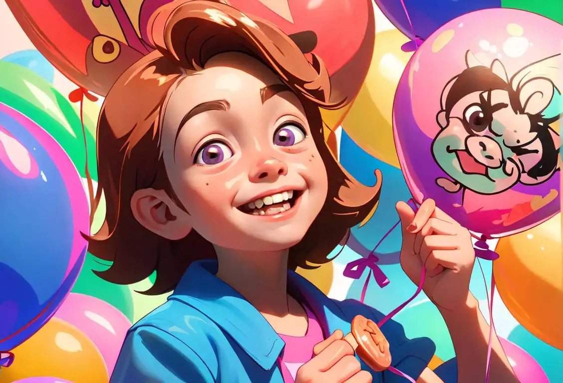 Young child with a smile, holding a penny and a taffy, surrounded by vibrant candy-colored balloons..