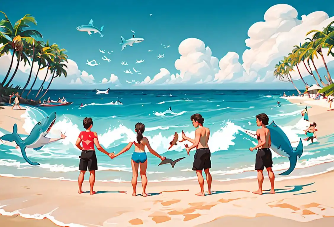 A group of people in vibrant beachwear, holding shark-themed banners, surrounded by ocean waves and palm trees..