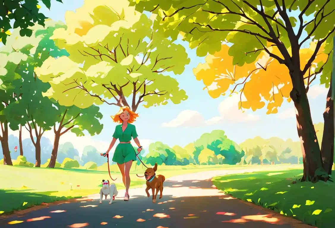A joyful person walking a dog on a sunny day, wearing a colorful outfit, surrounded by lush green nature..