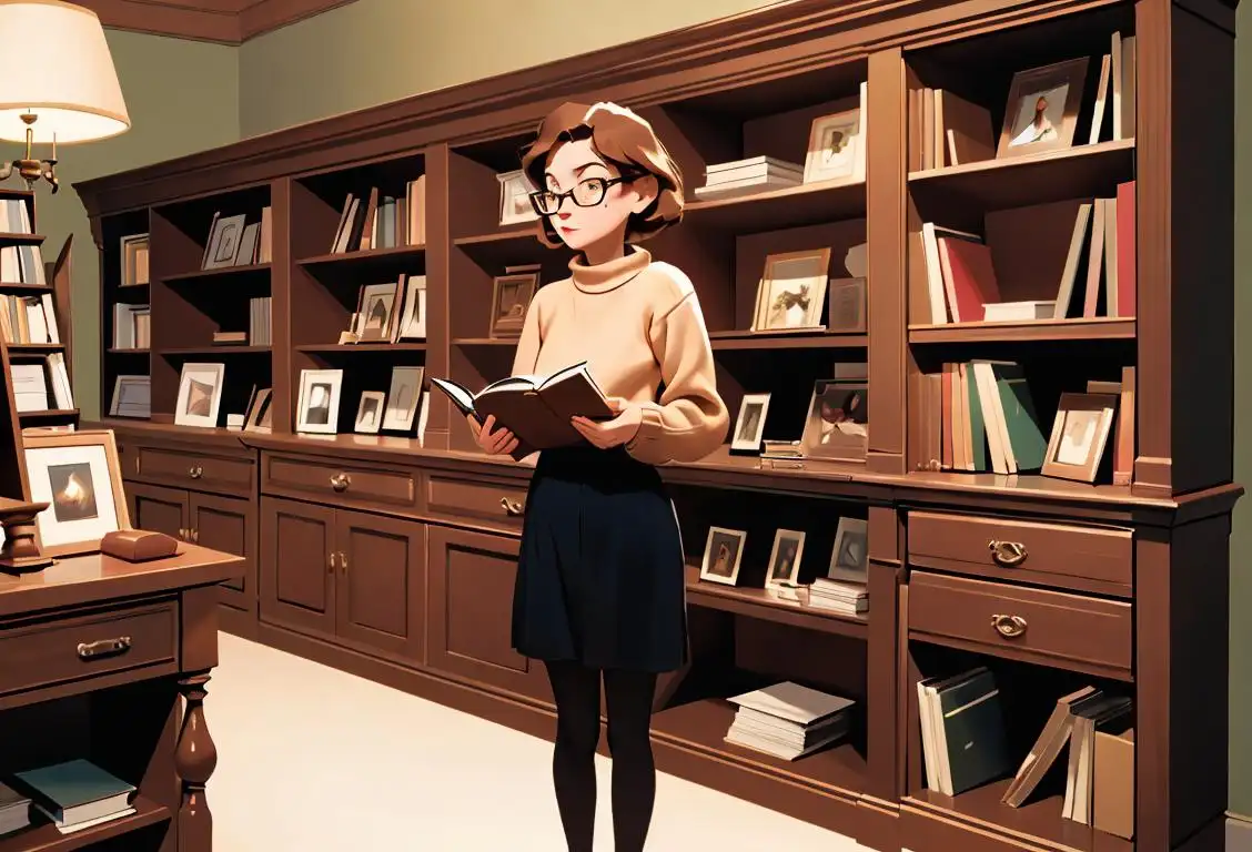 A book lover standing next to a neatly organized bookshelf, wearing glasses, cozy sweater, and surrounded by literary classics..