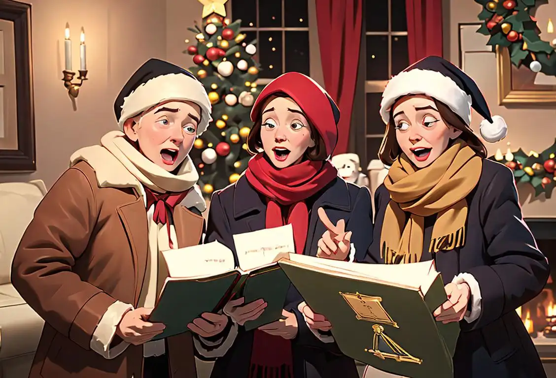 Group of people, all dressed in winter coats and scarves, happily singing while holding songbooks, in a cozy living room decorated with Christmas lights..