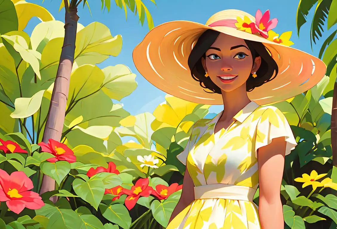 Happy woman in a colorful botanical garden, wearing a sun hat and flowy dress, surrounded by vibrant flowers, celebrating National Plantation Day..