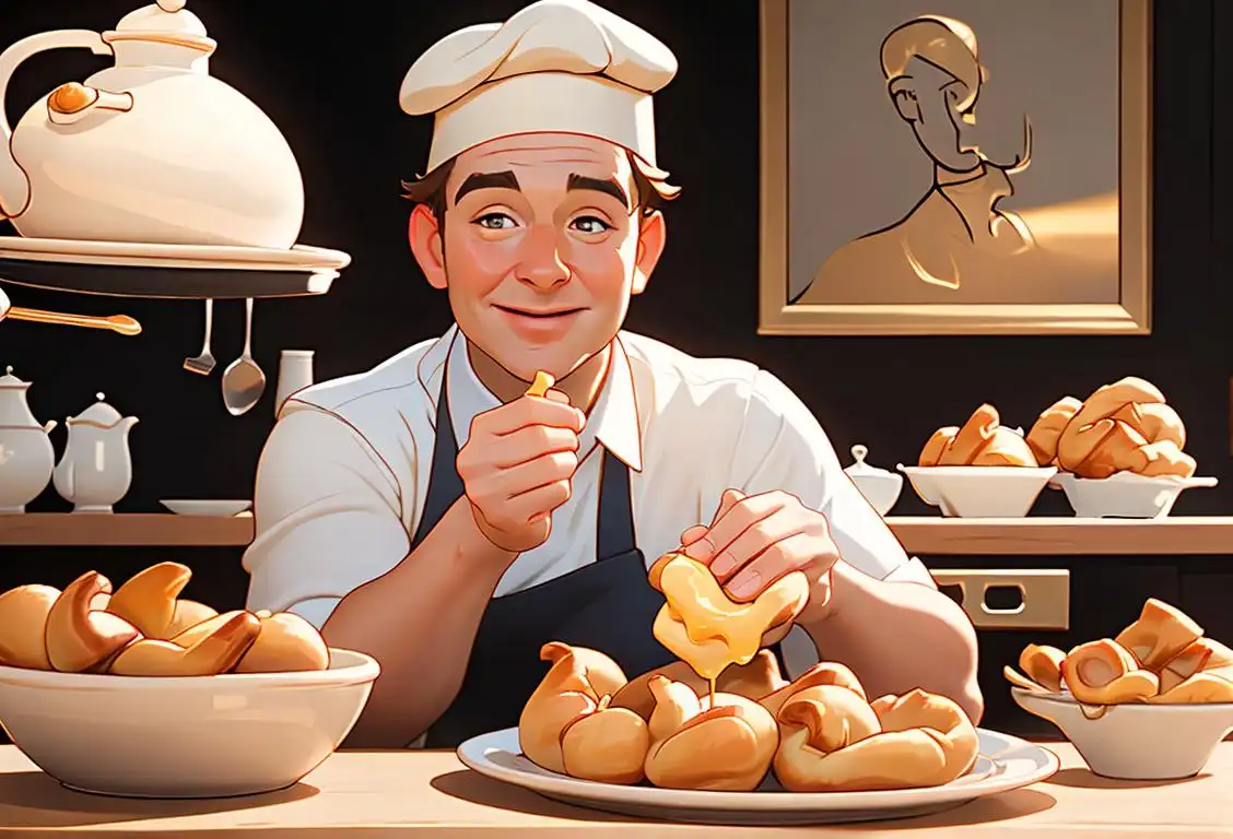 A happy person holding a plate of golden Yorkshire puddings, wearing a chef's hat, classic kitchen scene..