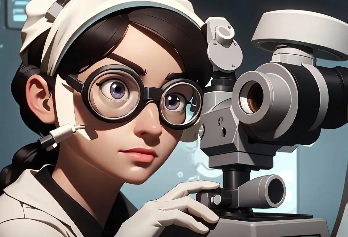 A close-up image of a scientist looking through a microscope, wearing a lab coat and goggles, surrounded by nano-sized technology and equipment..