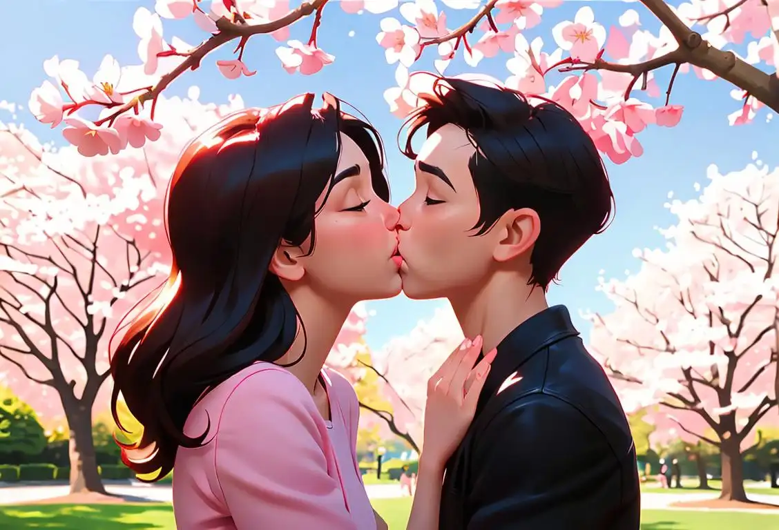 Young couple sharing a tender kiss under a blooming cherry blossom tree, with a sunny park scene in the background..
