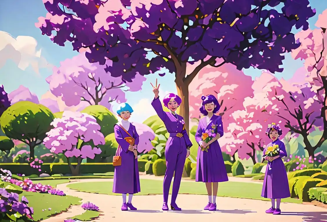A group of diverse people wearing purple clothing, holding peace signs, standing in a vibrant garden..