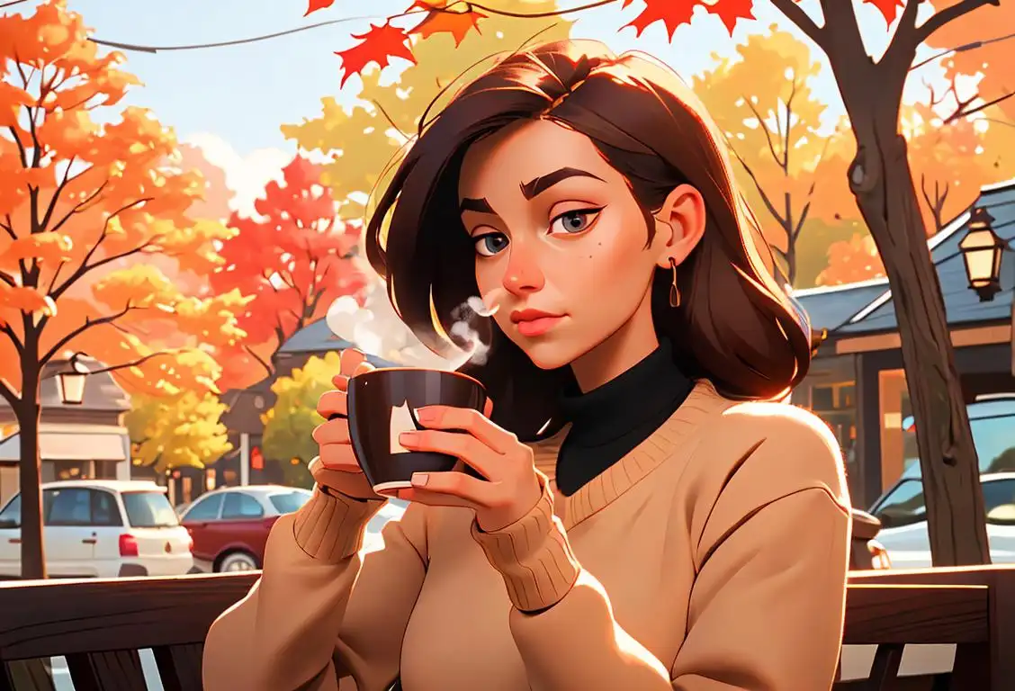 Young woman holding a steaming cup of coffee, wearing cozy sweater, autumn foliage and cozy cafe setting..