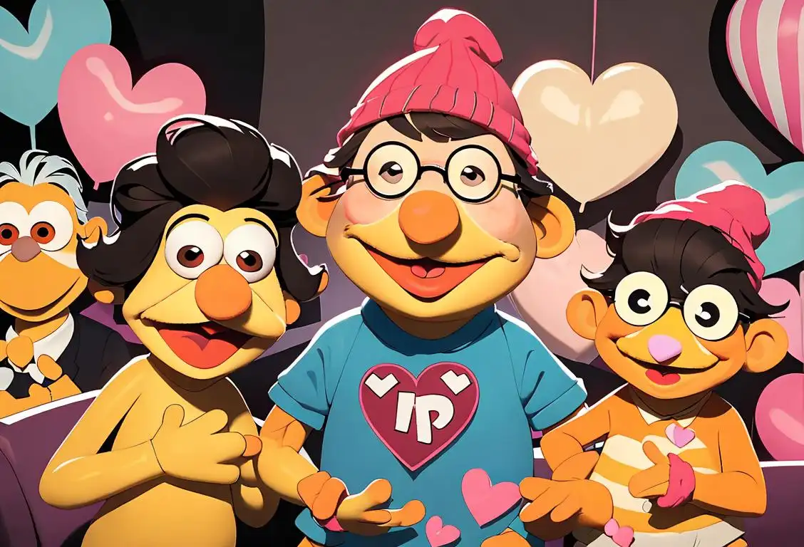 A cheerful person named Bert, human or Muppet, surrounded by heart-shaped decorations. They are wearing a striped shirt, glasses, and a beanie hat while standing in a cozy room..