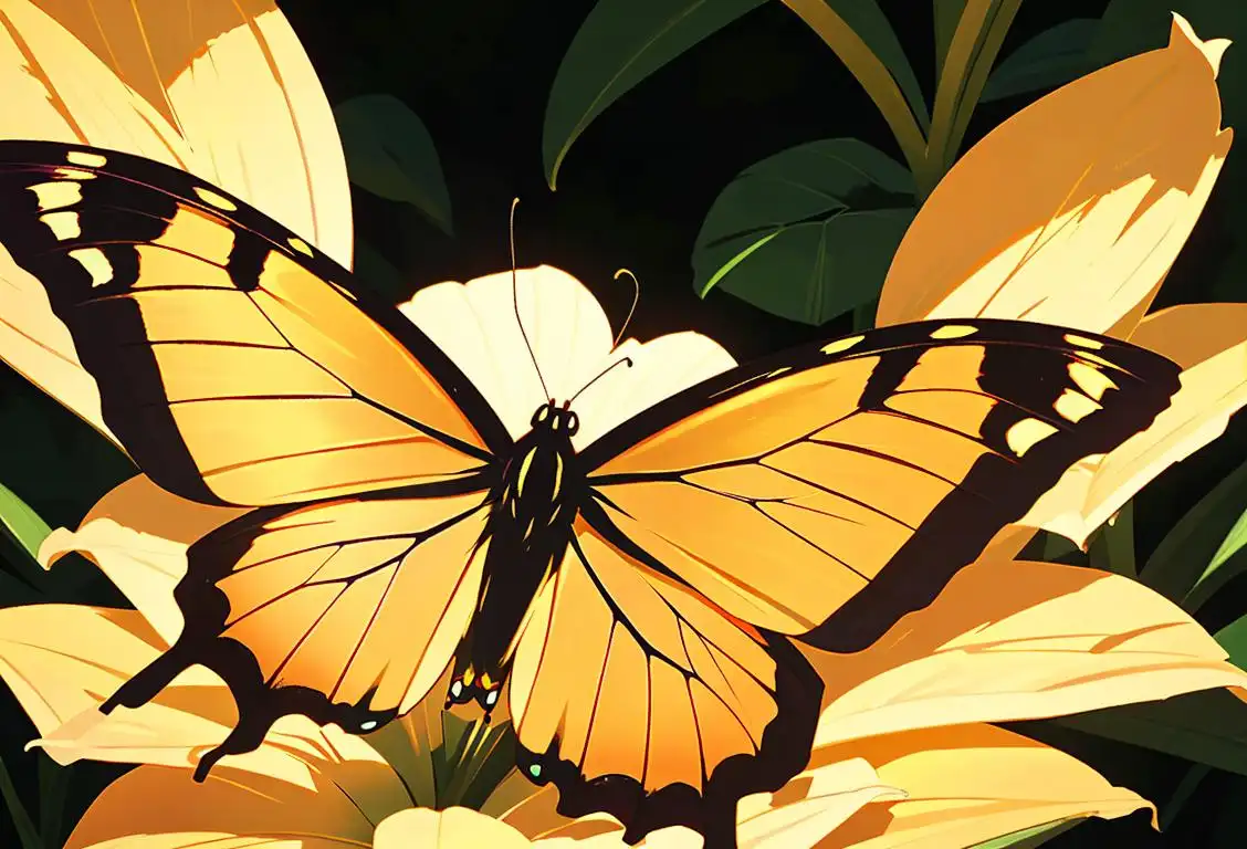 Exquisite monarch butterfly perched on a blooming flower, surrounded by lush greenery and bathed in golden sunlight..