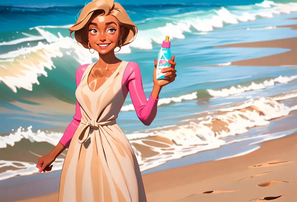 A smiling woman, wearing a fashionable summer dress, standing in front of a beach backdrop, holding a spray tan bottle..