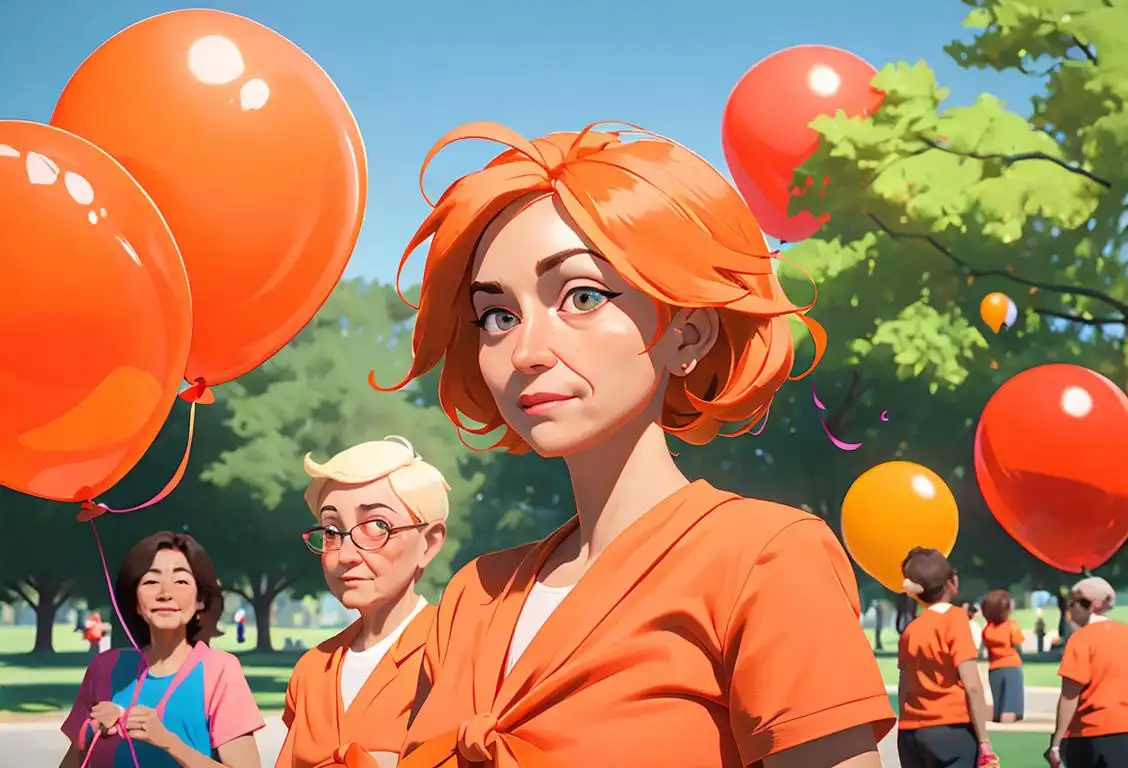 A group of diverse individuals, wearing orange ribbons, supporting people living with Multiple Sclerosis in a park setting with colorful balloons in the background..