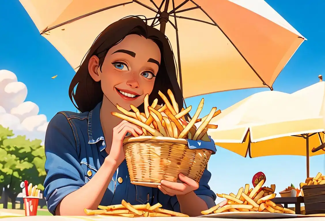 A happy person holding a basket full of golden french fries, enjoying them with a smile. Summer vibes, picnic setting, sunny weather..