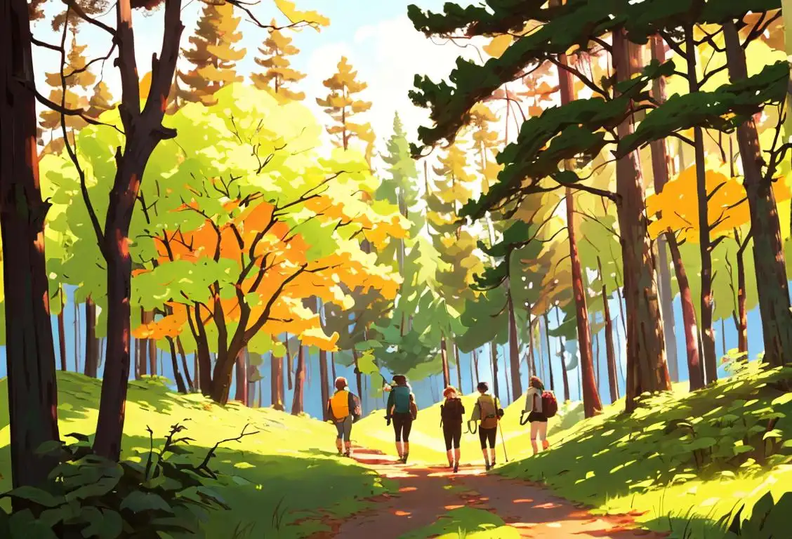 A group of friends hiking in the woods, wearing colorful outdoor gear, surrounded by tall trees and a serene nature setting..