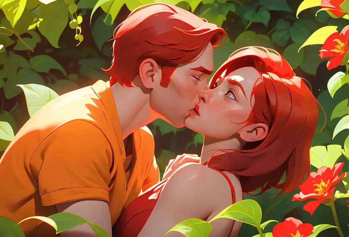 A young couple, one with fiery red hair, sharing a passionate kiss, surrounded by lush greenery and vibrant flowers..