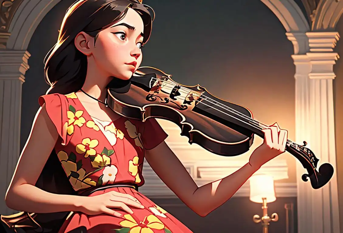Young girl playing a violin, wearing a floral dress, classical music setting, surrounded by musical notes..
