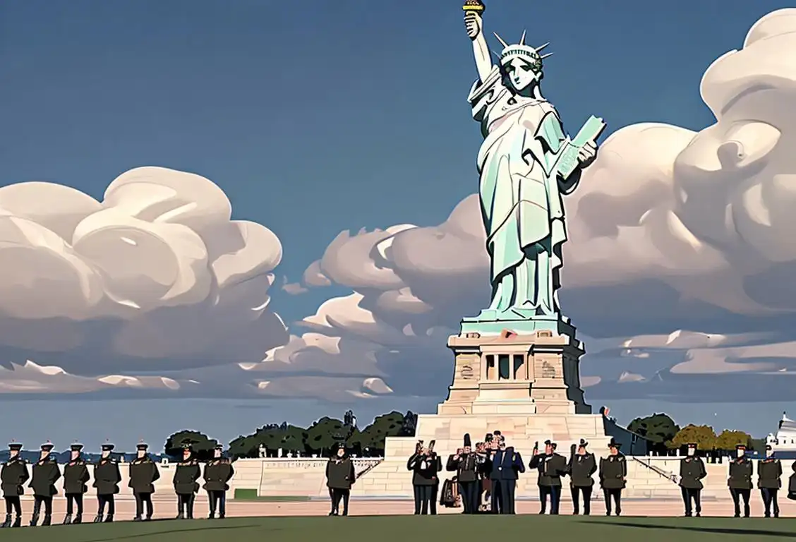 A group of diverse people in military uniforms standing proudly in front of a flag, with a backdrop of an iconic national landmark, such as the White House or Statue of Liberty..