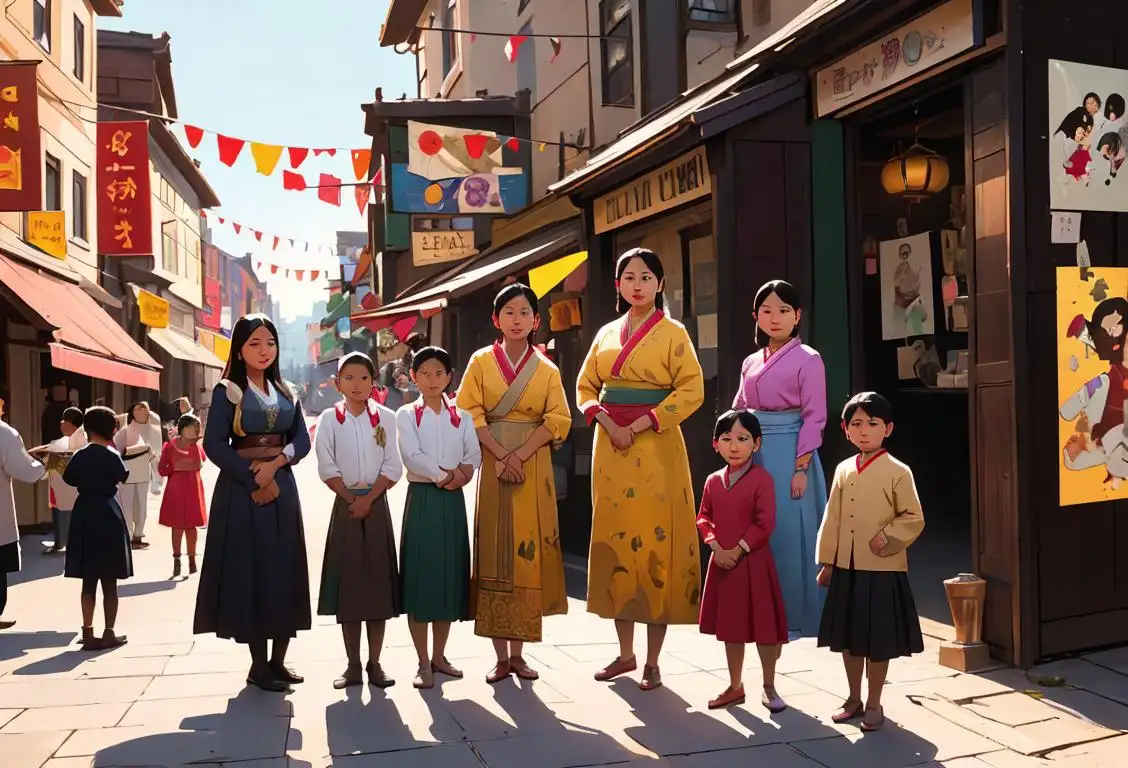 A diverse group of adults and children standing proudly together, wearing traditional clothing from their respective cultures, in a bustling city setting..