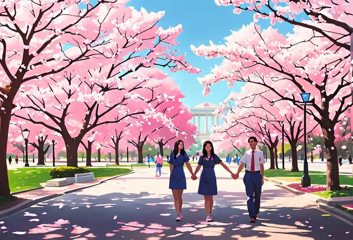 A group of diverse healthcare workers in colorful scrubs, smiling and holding hands, surrounded by blooming cherry blossom trees at the National Mall..