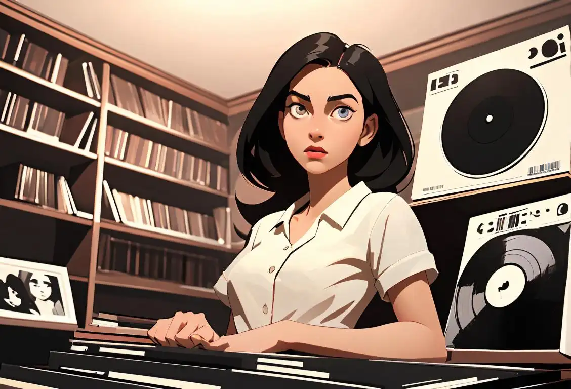 Young woman in retro outfit, surrounded by shelves of vinyl records, striking a cool pose..