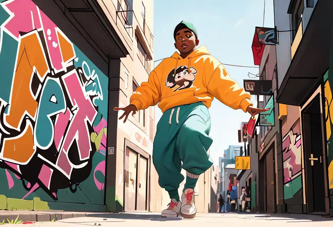 Young man doing the 'guwop' dance, wearing hip-hop style clothing, urban city setting with graffiti art..