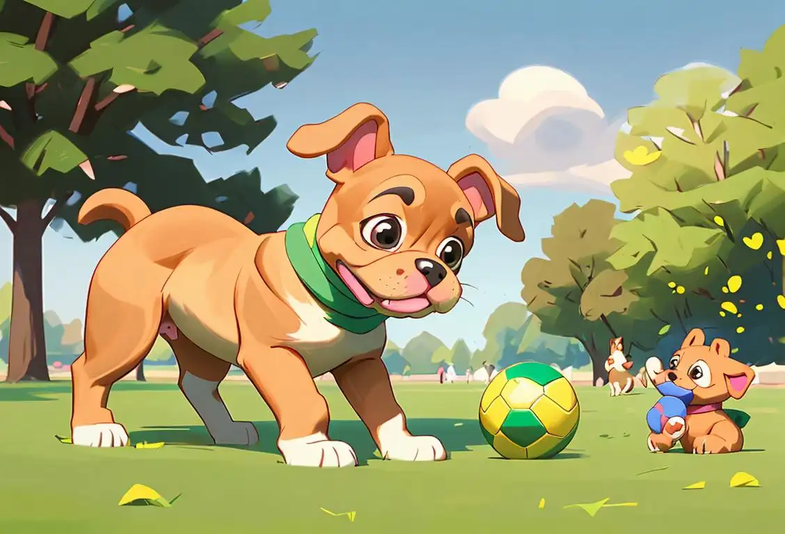 Adorable puppy playing with a ball in a green park, wearing a cute bandana, sunny day, surrounded by happy children..