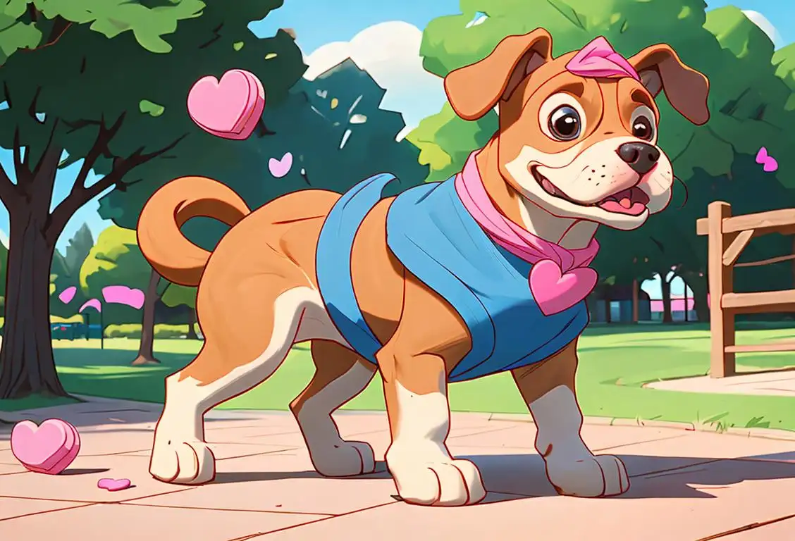 Happy dog wagging its tail, surrounded by heart-shaped treats, wearing a cute bandana, in a vibrant park setting..