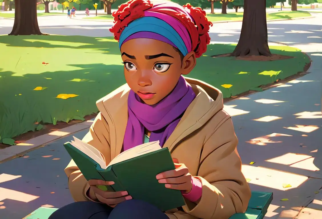 Young African American girl reading a book with excitement, wearing colorful headband, urban park setting..