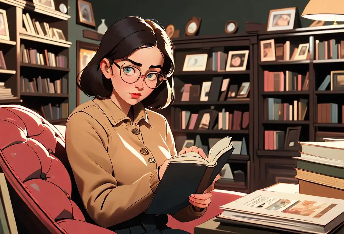 Young woman browsing through shelves at an independent bookstore, wearing glasses, vintage fashion, cozy reading nook in the background..