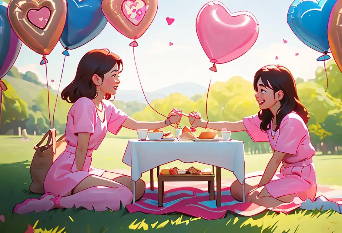 A joyful couple holding hands, surrounded by heart-shaped balloons, wearing matching outfits, in a cozy picnic setting..
